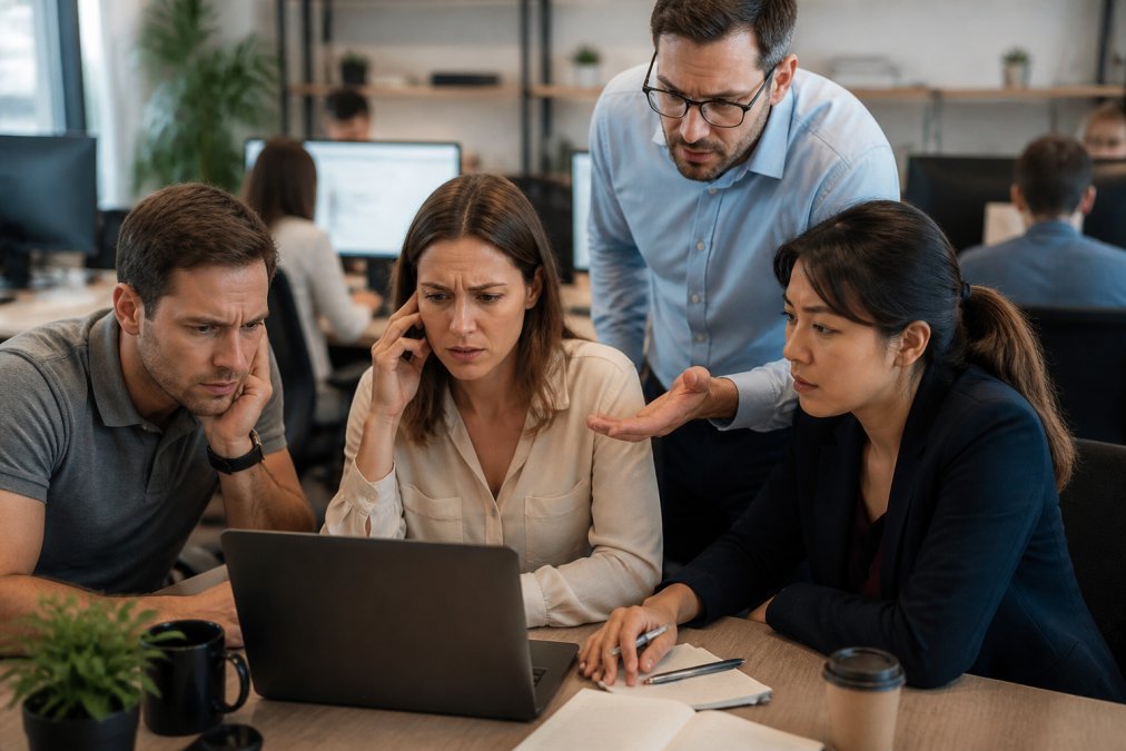 Office staff reviewing suspicious emails during phishing training for employees in a modern workplace setting