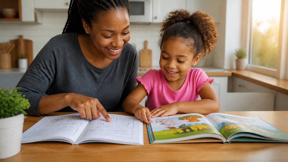 Infographic comparing the educational roles of phonics workbooks and storybooks for young learners