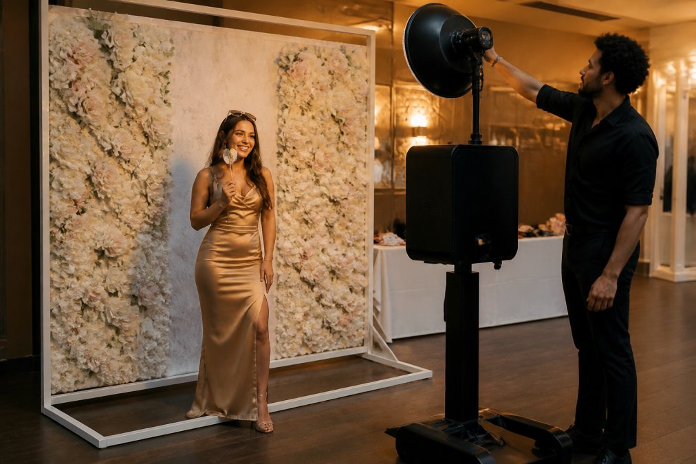 Guest posing with a prop at an open-air photo booth rental in a floral wedding reception setting