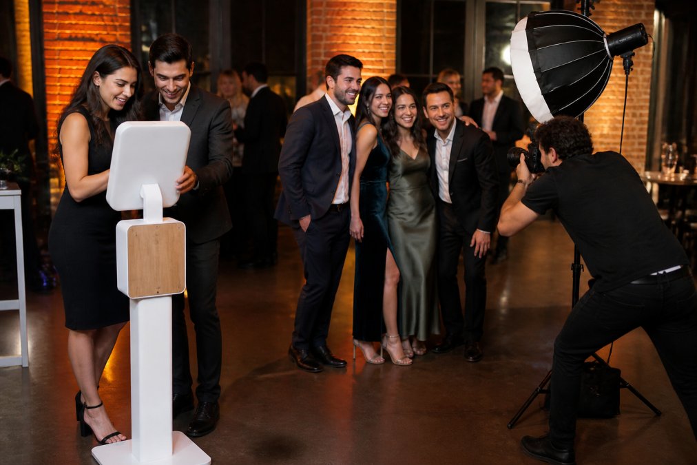 Compact tablet setup beside a professional camera system to compare photo booth rental pricing options.