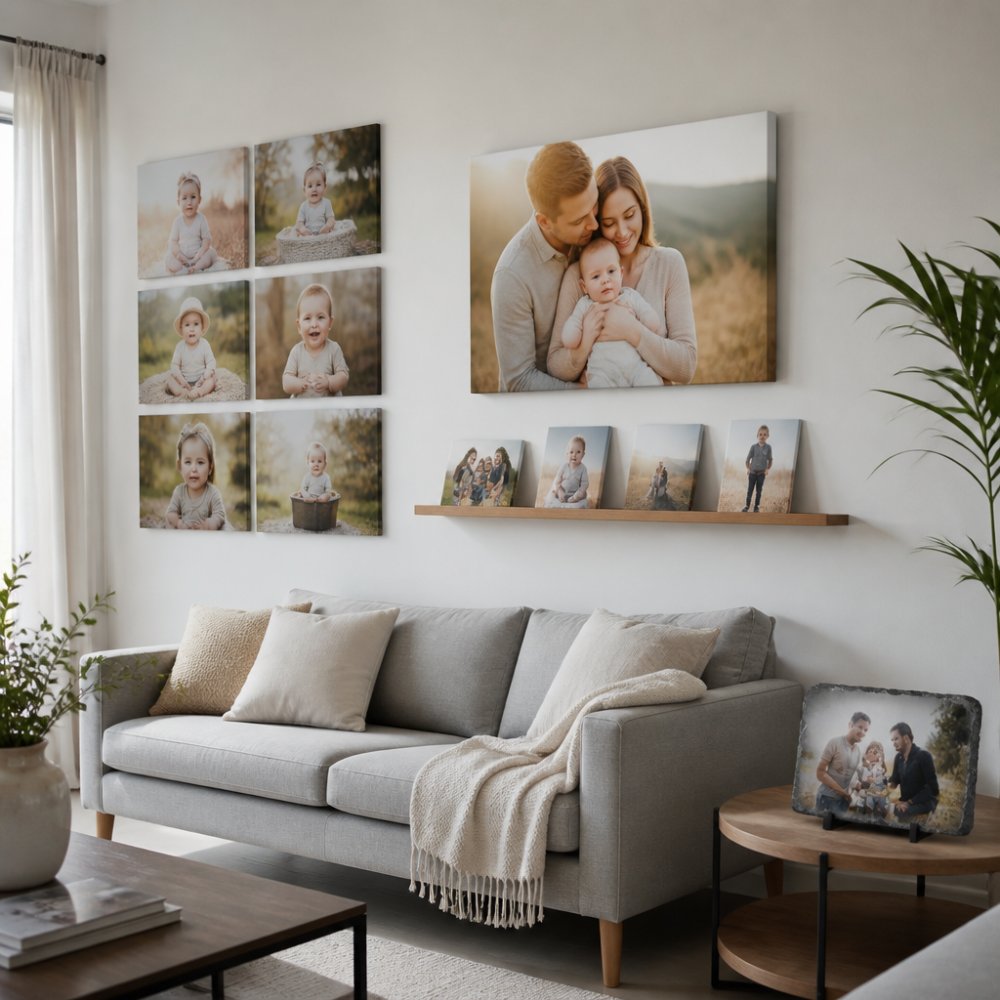 Modern living room featuring multiple photo display methods arranged together, foam board prints on one wall, a canvas print above a sofa, photo ledge with prints, and a photo granite piece on a side table, all in a cohesive minimalist aesthetic with natural lighting