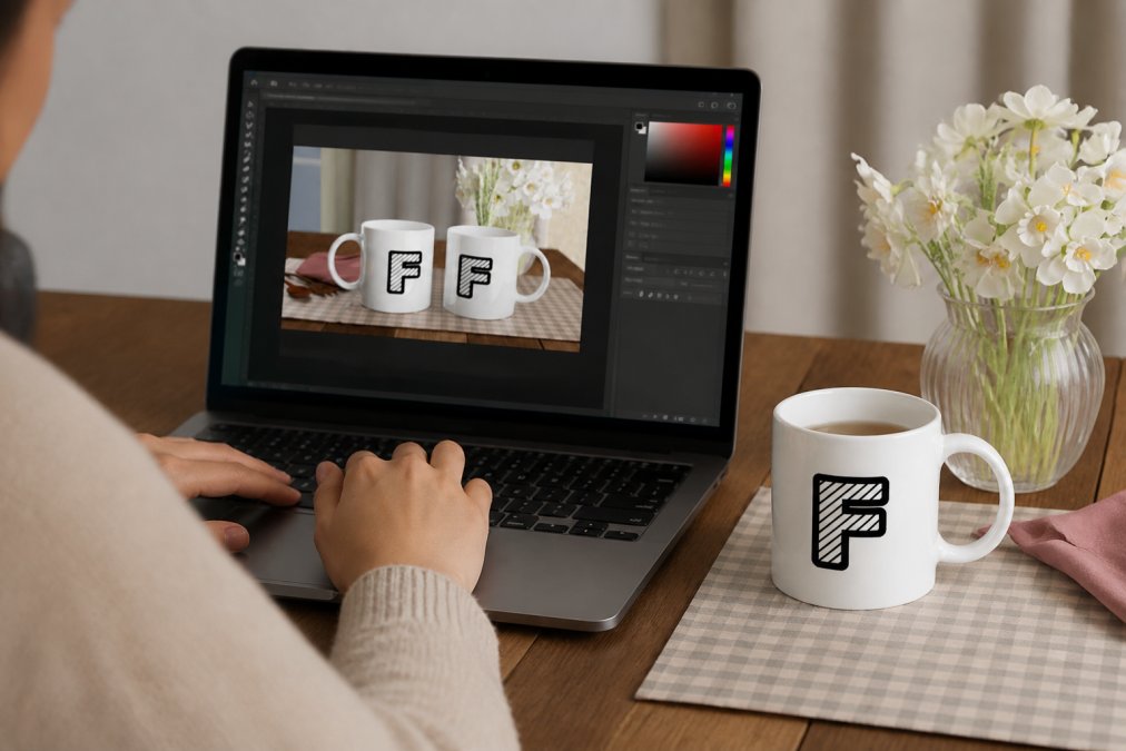 Person designing a custom mug on a laptop with design software open, showing a finished ceramic mug with vibrant personalized photo artwork displayed on the desk next to the computer