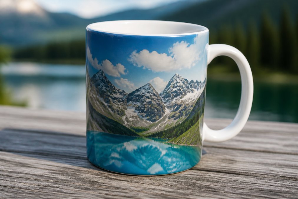 Close-up of a glossy ceramic mug with vibrant, sharp printed design showing rich color saturation and smooth surface detail under natural lighting
