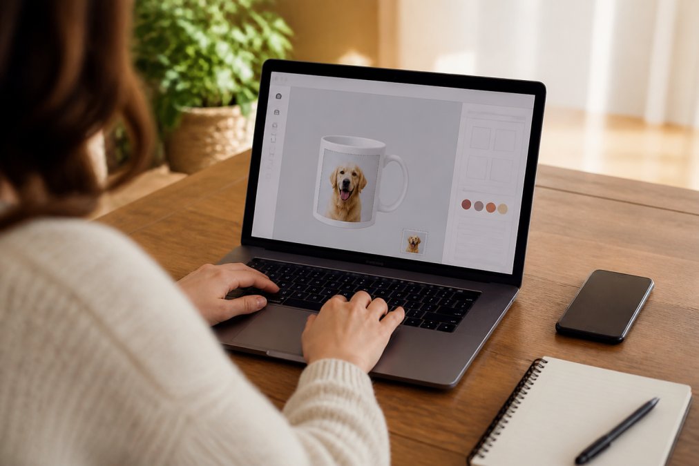 Person's hands using a laptop to upload and customize a photo design for a mug, showing the upload interface with design preview on screen
