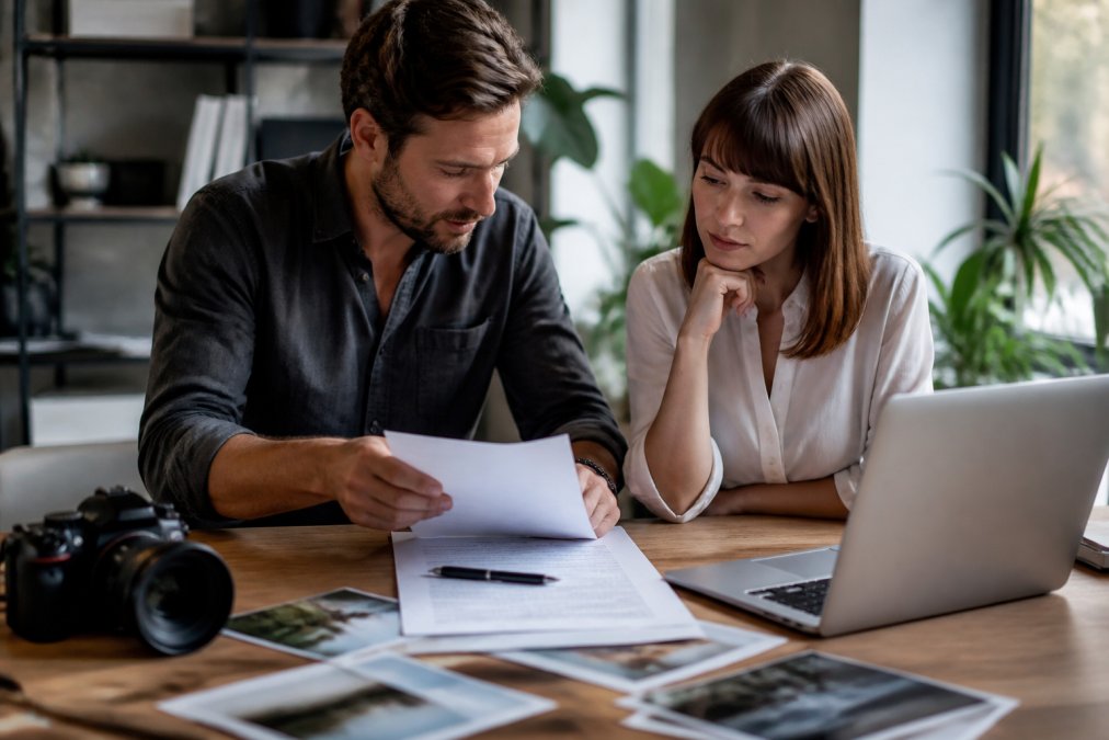 A professional photographer reviewing a printed contract with a client at a modern office desk, with a laptop showing image thumbnails and a pen resting on the document