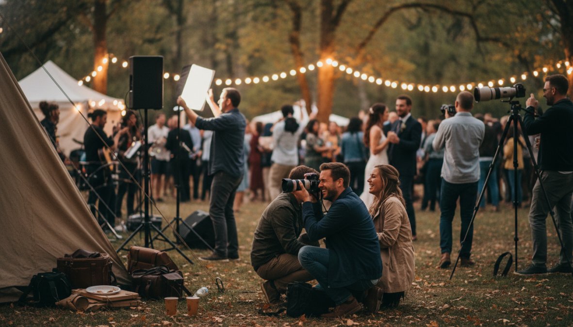 A professional photographer with a full-frame DSLR camera capturing a well-dressed keynote speaker on stage at a corporate conference, with soft warm [event](/washington-dc-event-photographer/) lighting and an attentive audience visible in the background