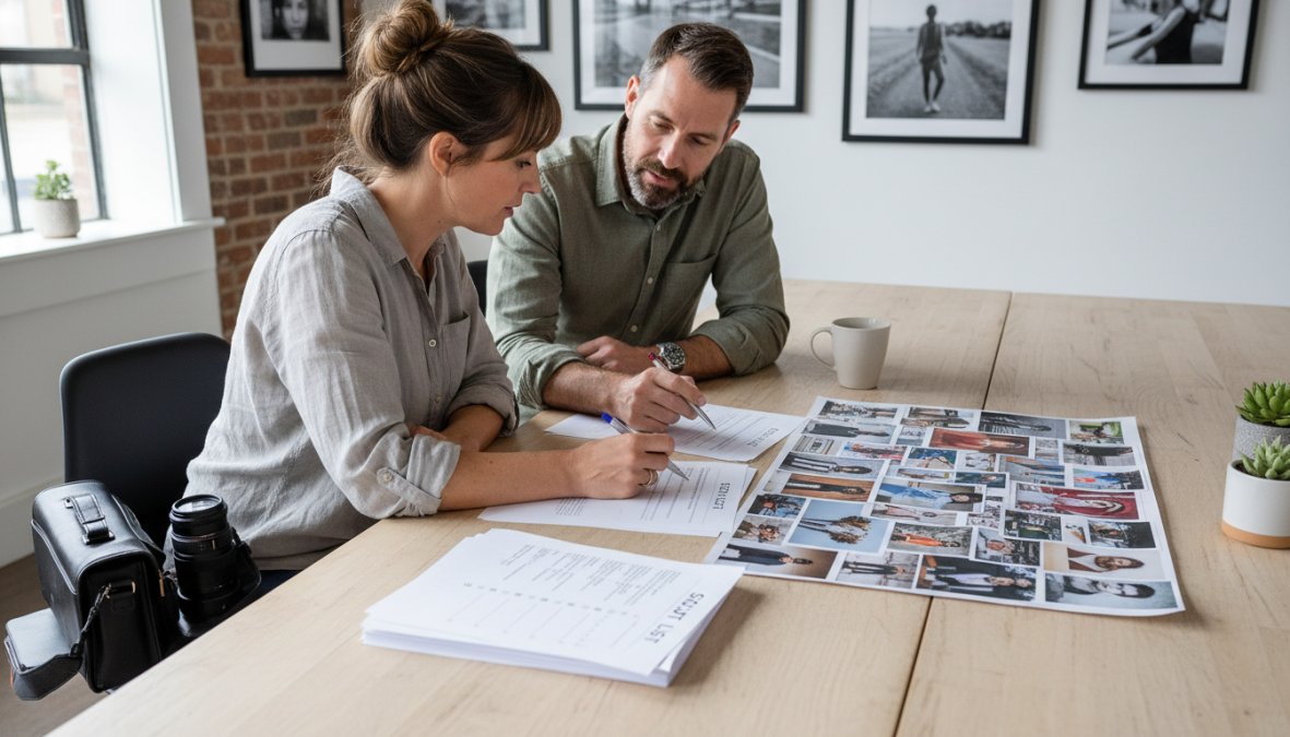 A photographer and client sitting across from each other at a bright modern desk, reviewing a printed shot list and a mood board with reference photographs spread out between them during a pre-shoot consultation meeting