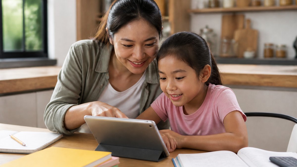 Parent and elementary-aged child working together on math homework at a kitchen table, both looking at a tablet displaying step-by-step math explanations with positive engagement