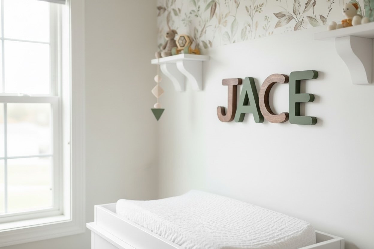 Brown and green stained wood letters hang in white baby nursery room.