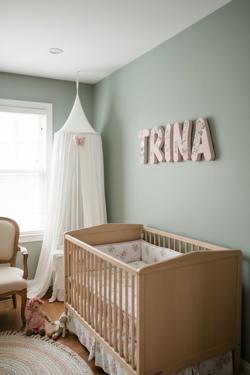 Roses painted on pink wooden letters hang in baby’s floral themed nursery room.