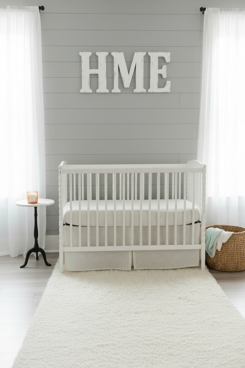 White wood letter monogram hangs above baby crib in gender neutral nursery room.