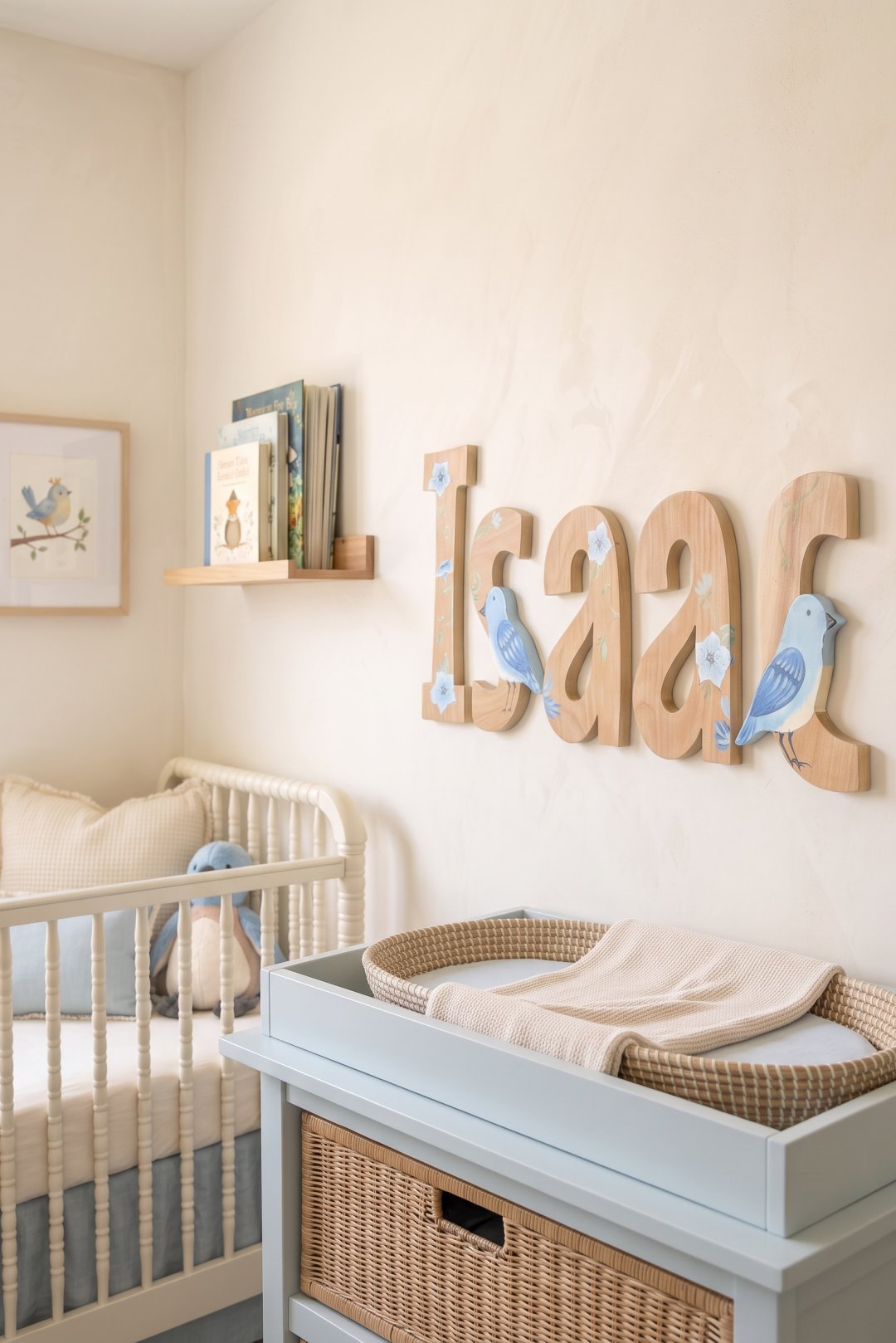Bluebird painted wood letters hand in a baby room over a changing table in a gender neutral baby nursery room
