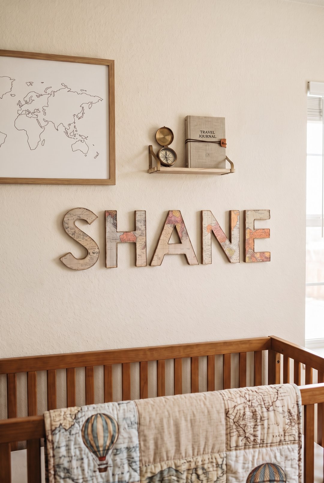 Vintage map travel theme wall letters hang in a map travel theme nursery room.