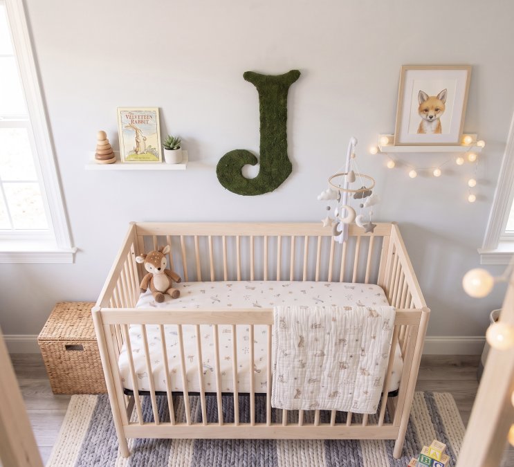 Moss monogram wall letter hanging in a woodland nursery room