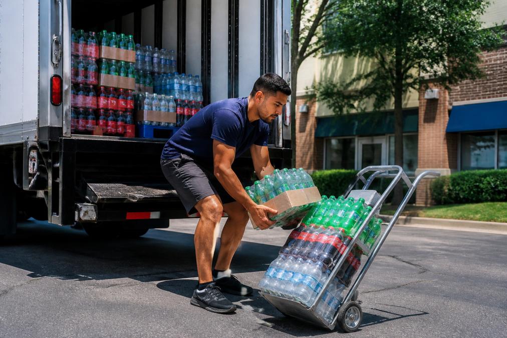 Route delivery driver loading beverage cases onto a dolly at the back of a delivery truck, demonstrating proper lifting posture with bent knees and engaged core muscles in natural outdoor lighting