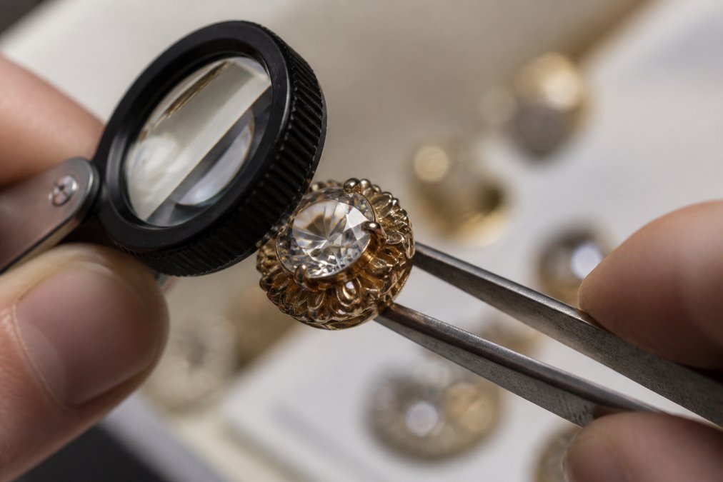 Close-up of an antique old mine cut diamond jewellery piece being examined under magnification, showing the distinctive larger facets and light play characteristic of vintage stones