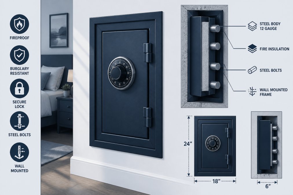 Close-up of a heavy-duty fireproof home safe with combination lock mounted in a bedroom wall, showing reinforced steel construction and security features in natural daylight