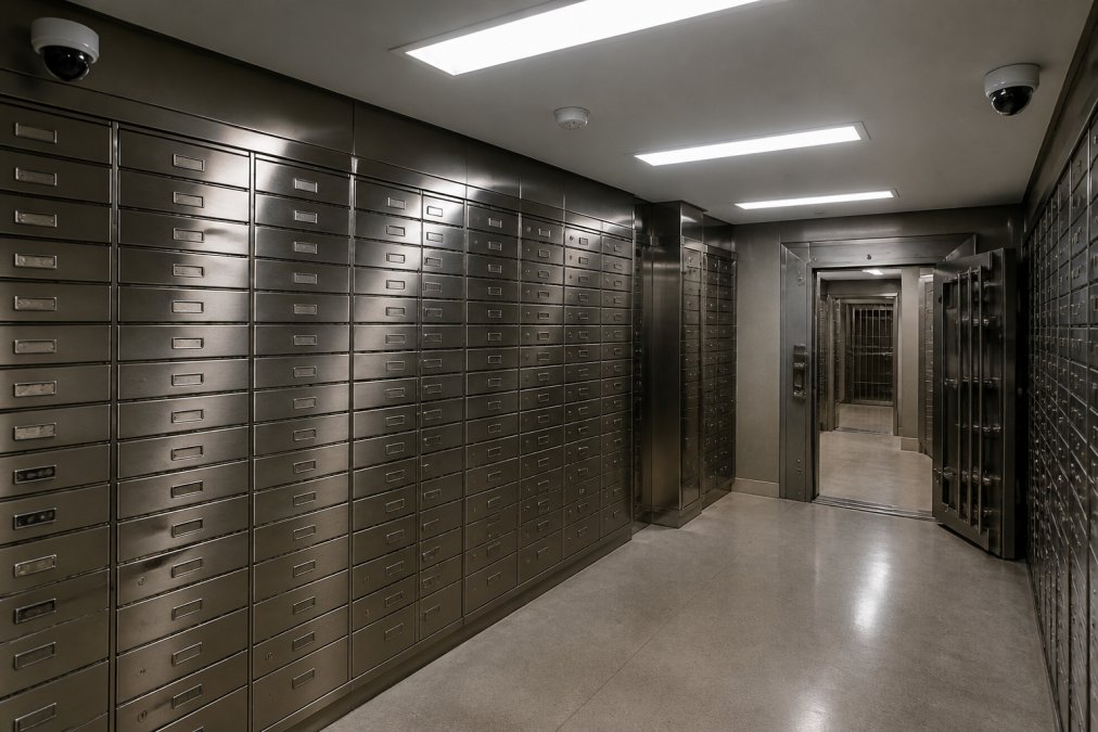Interior of a secure bullion vault with rows of stainless steel safety deposit boxes, security cameras mounted in corners, and reinforced steel doors visible in the background