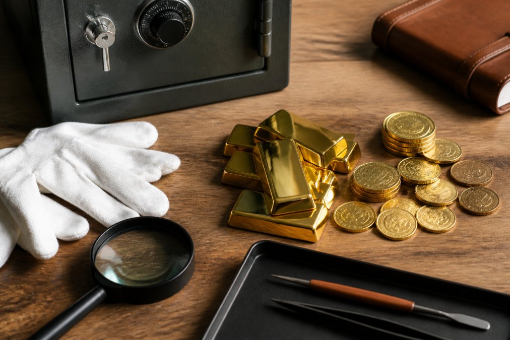 Close-up of gold coins and bars arranged on a secure surface with warm lighting, emphasizing the lustrous finish and weight of physical bullion