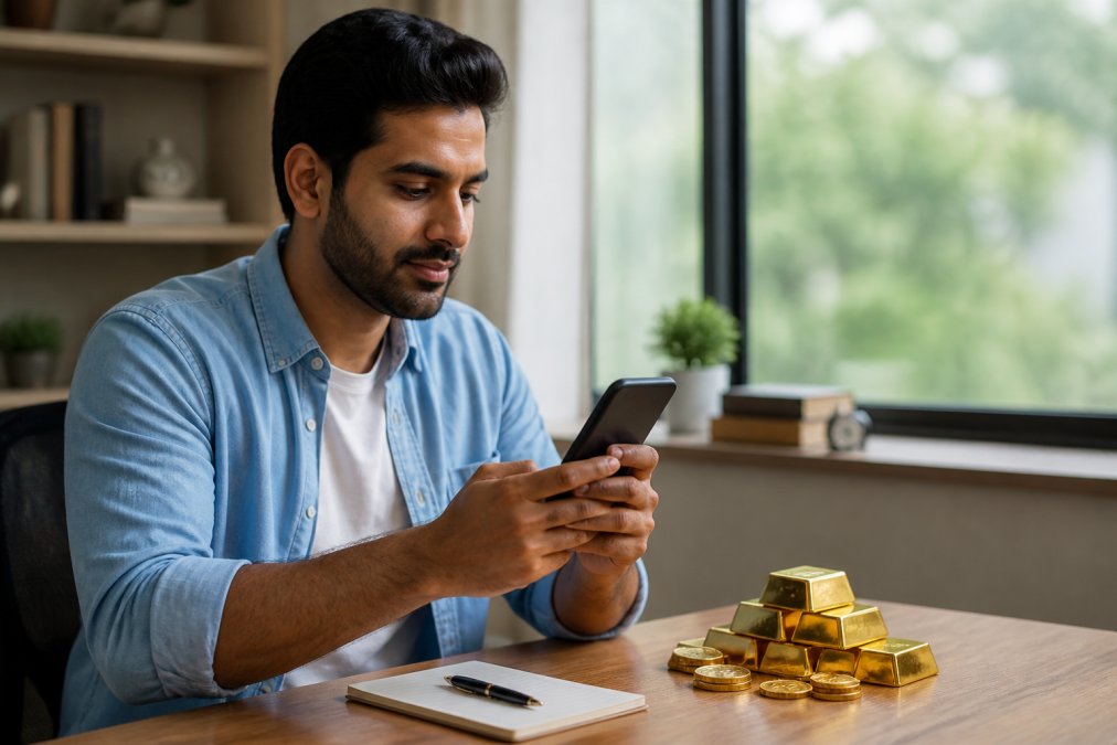 Person using a smartphone to access a digital gold trading platform, with a modern minimalist desk setup and natural window lighting
