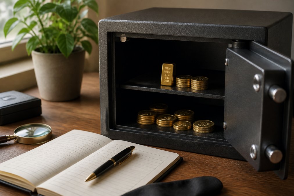 Small home safe containing gold coins and a bar, placed on a desk near a ledger for physical gold vs gold ETFs storage.