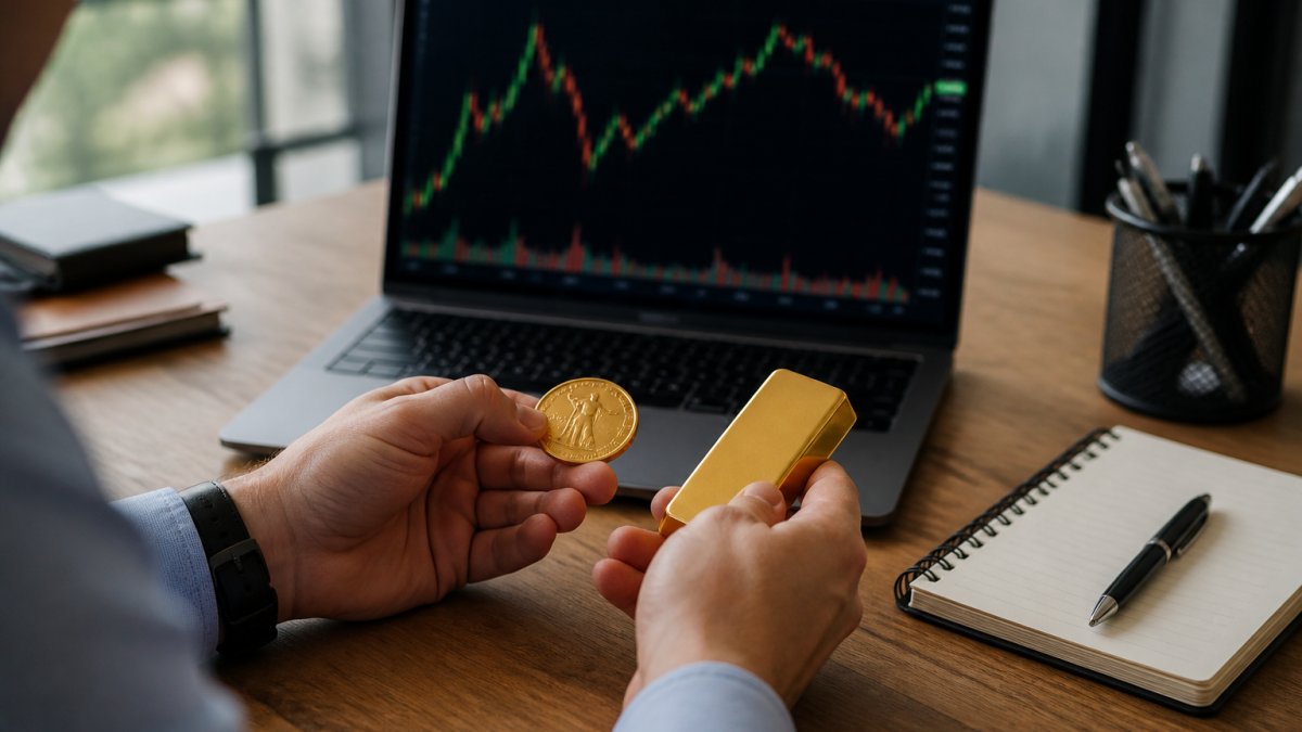 Professional investor comparing physical gold sovereign coin and gold bar alongside laptop displaying stock market charts in modern office with natural light