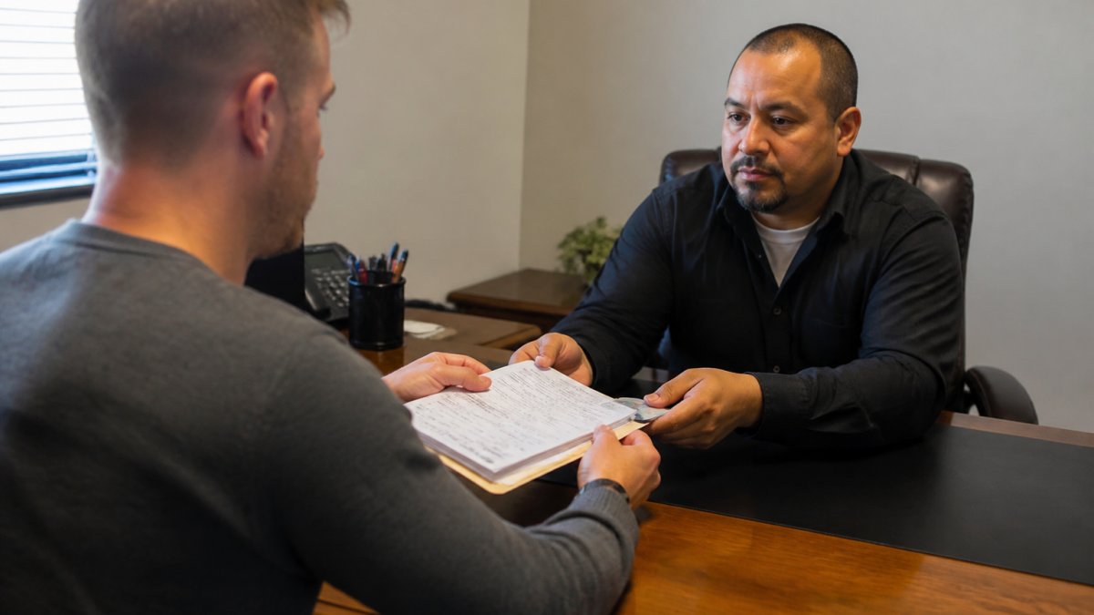 A person sitting across a desk from a bail bond agent in a small, well-lit office, handing over a folder of documents and a driver's license