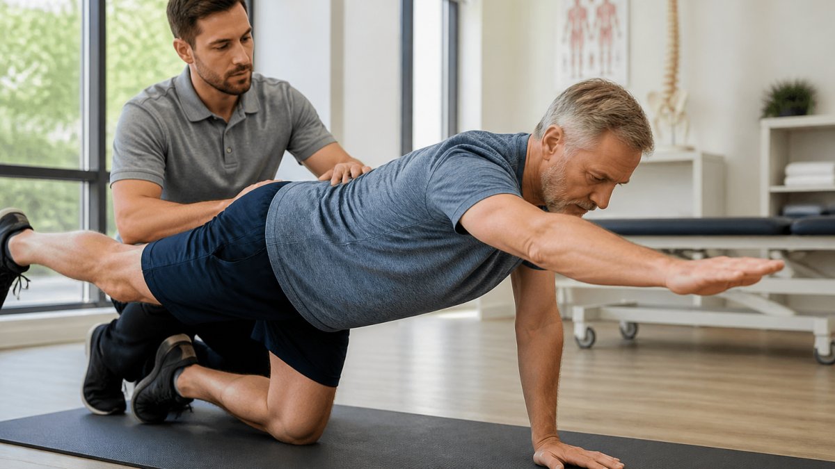 Physical therapist demonstrating proper exercise form with patient in modern clinical setting with natural lighting