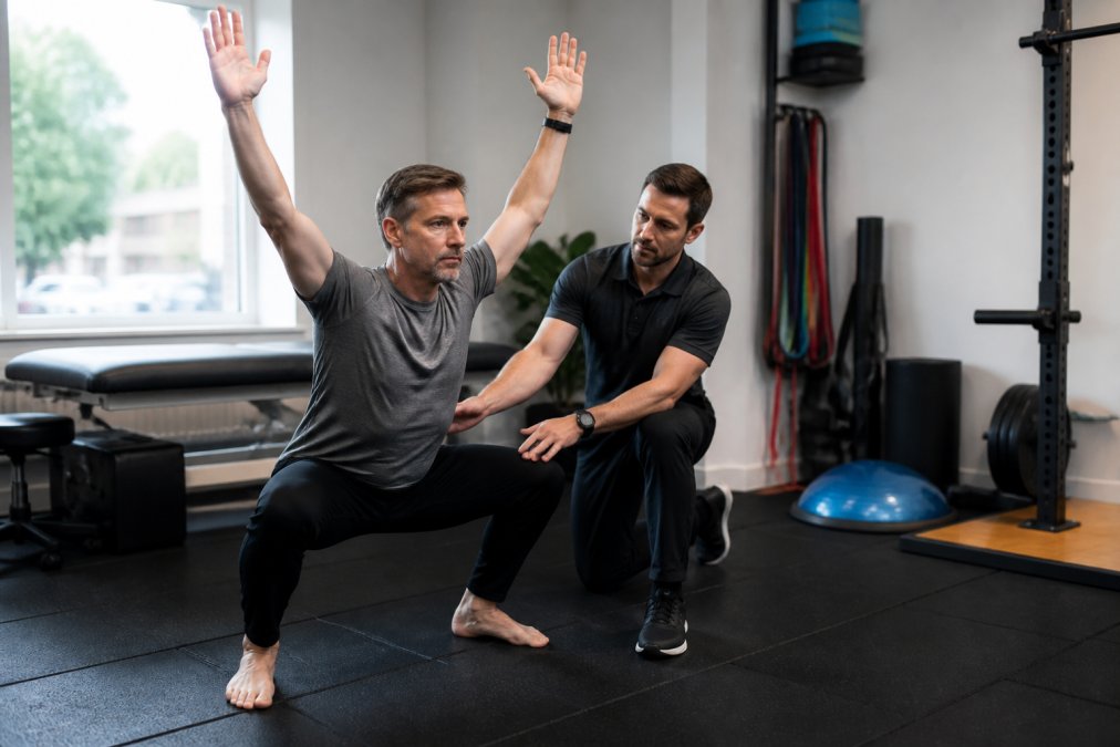 Physical therapist guiding a professional through an overhead squat assessment in a physical therapy clinic.