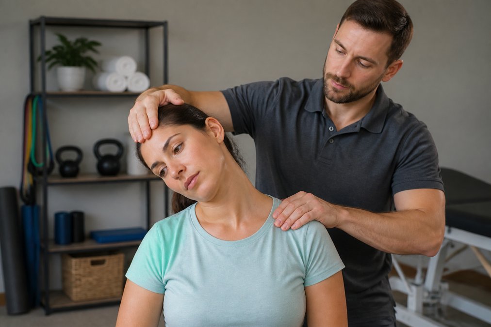 Physical therapist demonstrating gentle neck mobility exercise with patient in bright clinical setting, guiding proper cervical spine alignment and hand placement