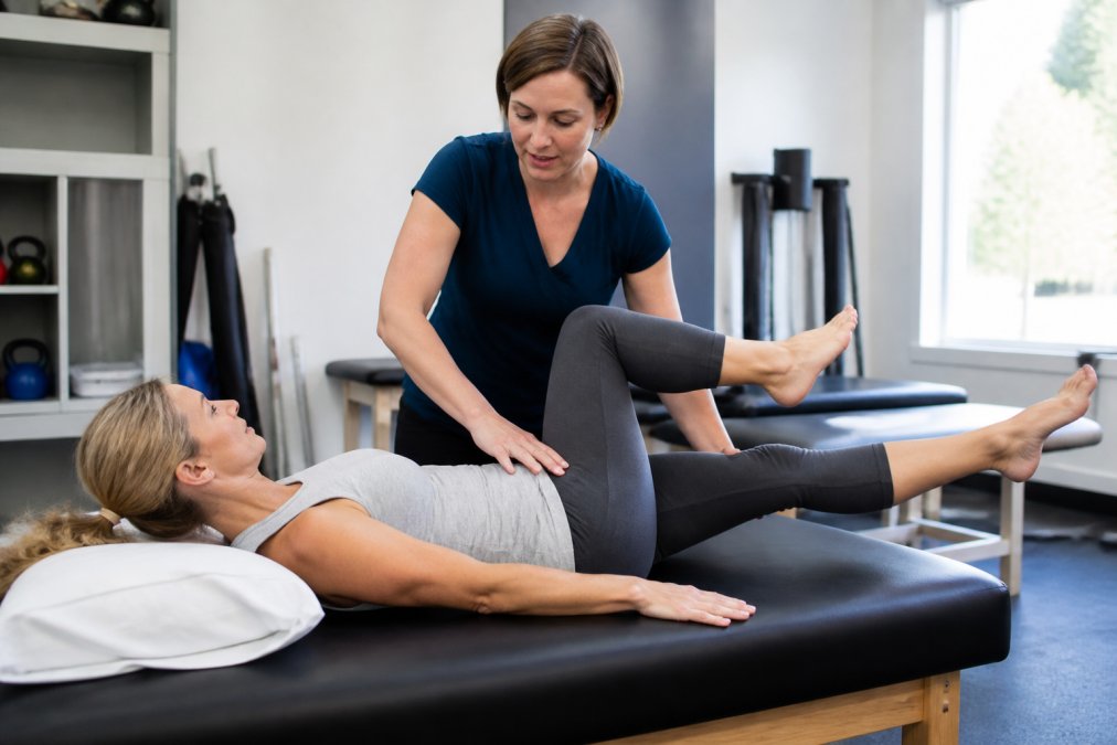 Physical therapist guiding patient through controlled core strengthening exercise on treatment mat in bright clinical setting with proper form demonstration