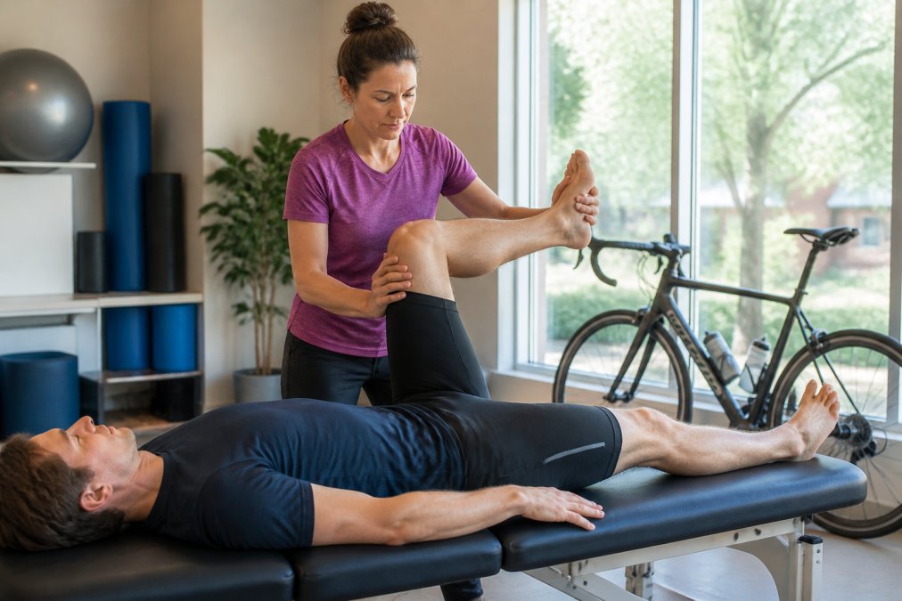 Physical therapist guiding a cyclist through hip mobility exercises as part of physical therapy for cyclists