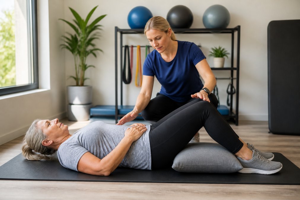 A physical therapist guiding a middle-aged adult through a gentle core stabilization exercise on a mat in a bright clinic, demonstrating proper form with a small pillow under the knees