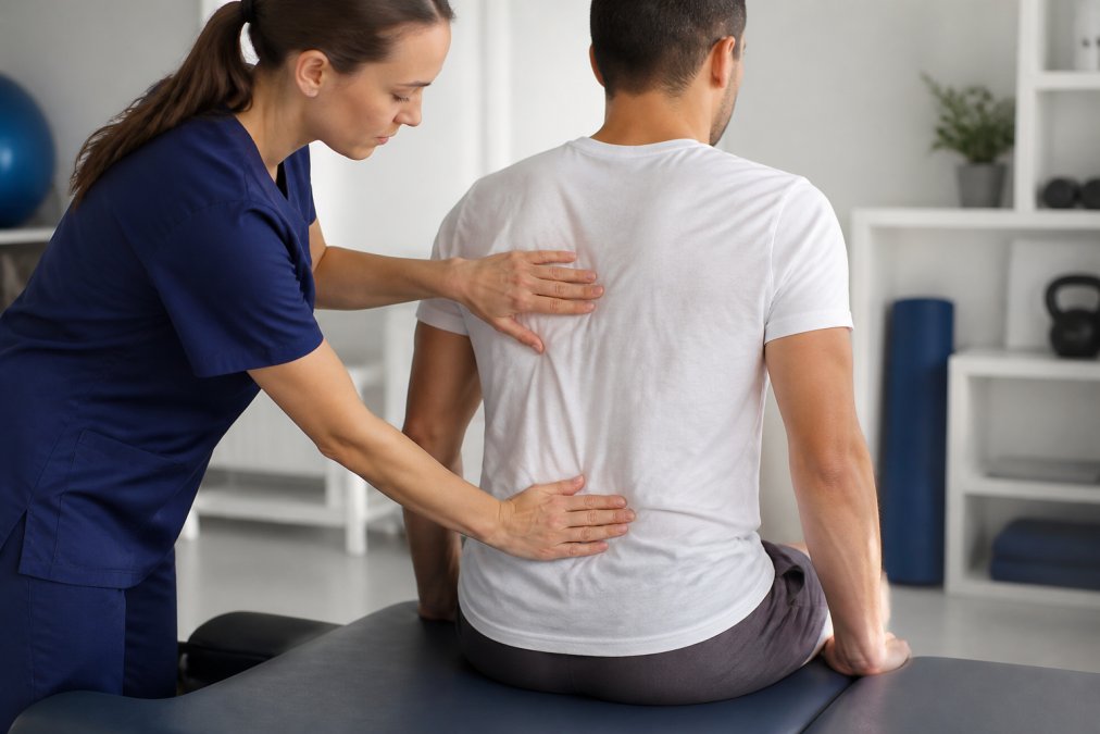 A licensed physical therapist performing a hands-on manual therapy assessment on a patient's lower back in a clean, well-lit clinical treatment room