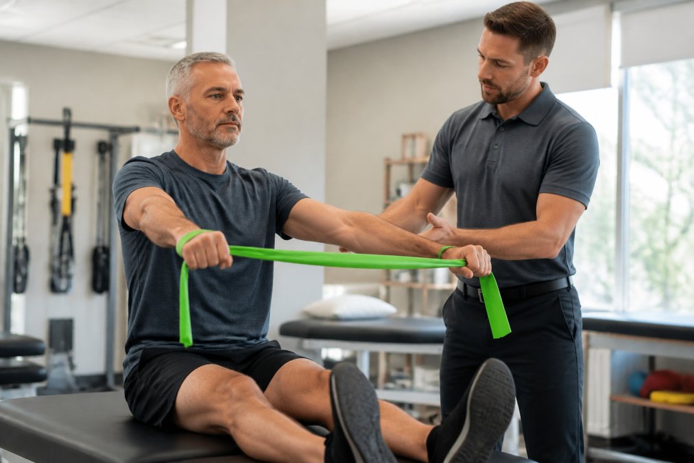 A middle-aged adult performing a guided therapeutic exercise with a resistance band under the supervision of a physical therapist in a bright rehabilitation clinic