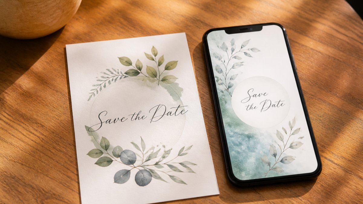 Elegant printed save-the-date card with watercolor design displayed next to a smartphone showing a matching digital invitation on a wooden table with soft natural lighting