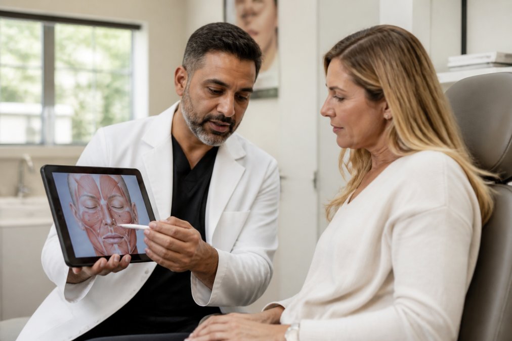 A physician in a white coat reviewing facial anatomy on a tablet with a patient in a modern medical aesthetics clinic, warm natural lighting