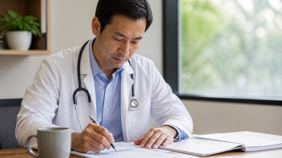 Physician reviewing notes in a quiet office to support physician burnout recovery coaching goals