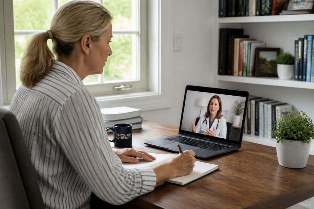 Female patient having a virtual consultation with a healthcare provider on a laptop, showing attentive listening and note-taking in a calm home office with natural window lighting
