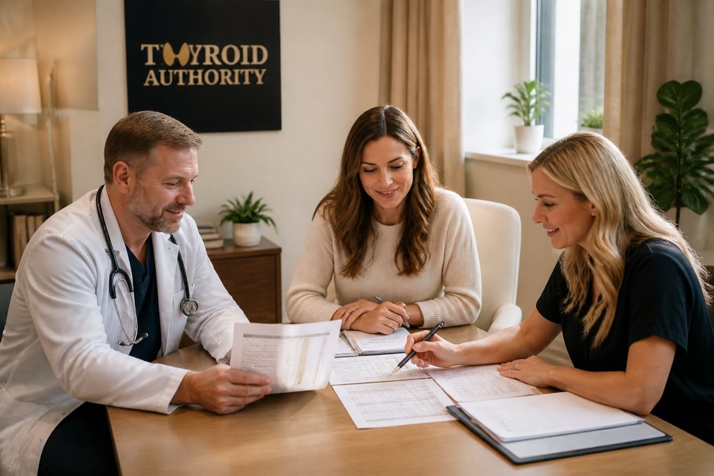 Diverse healthcare team (physician, nutritionist, health coach) reviewing patient health records and lab results together in a modern medical office with warm lighting