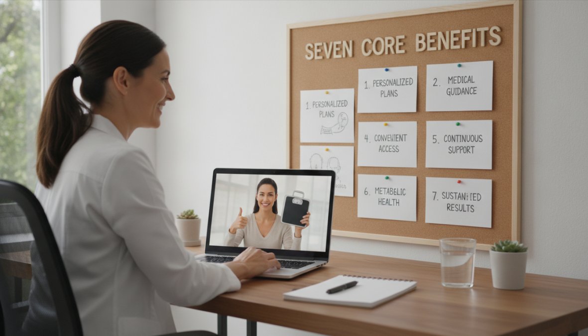 Healthcare provider in modern clinic setting conducting virtual consultation on computer with patient visible on screen, professional medical environment with clinical lighting