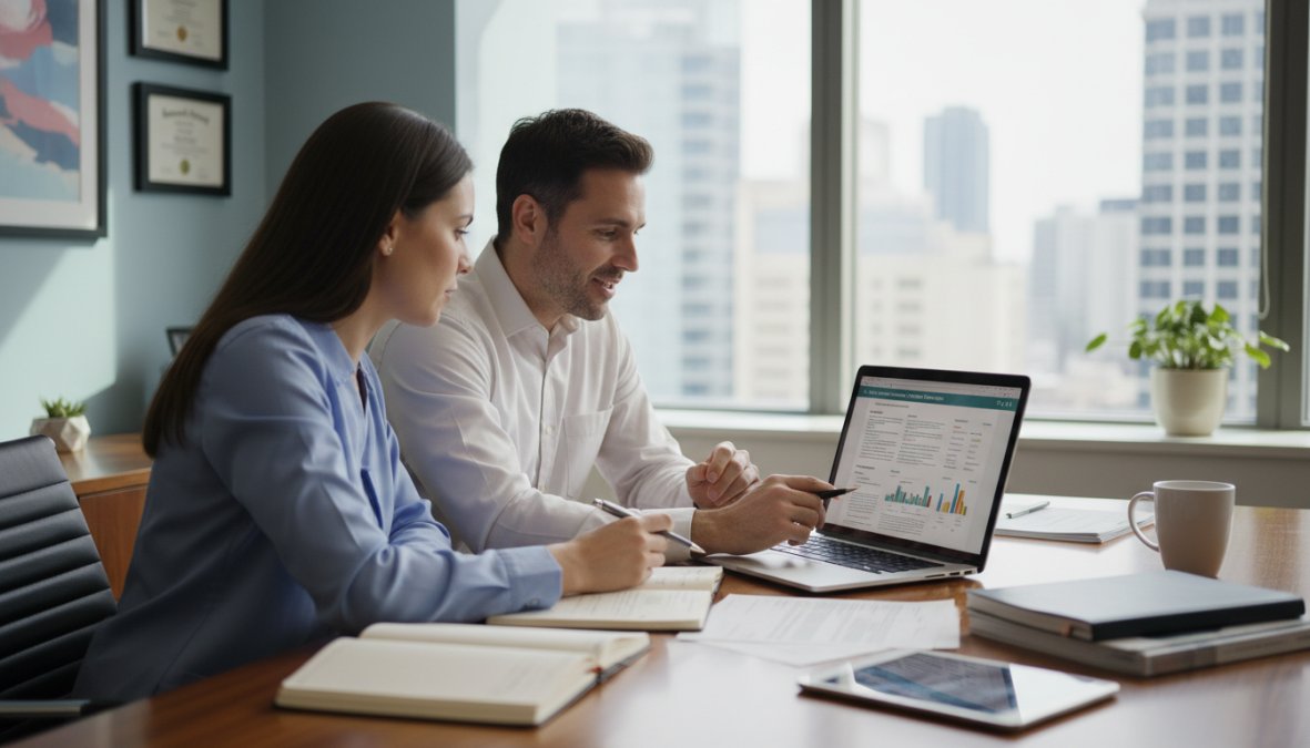 A physician and practice administrator reviewing a marketing plan together on a laptop in a bright, modern medical office setting, with printed documents spread on a clean conference table under warm overhead lighting