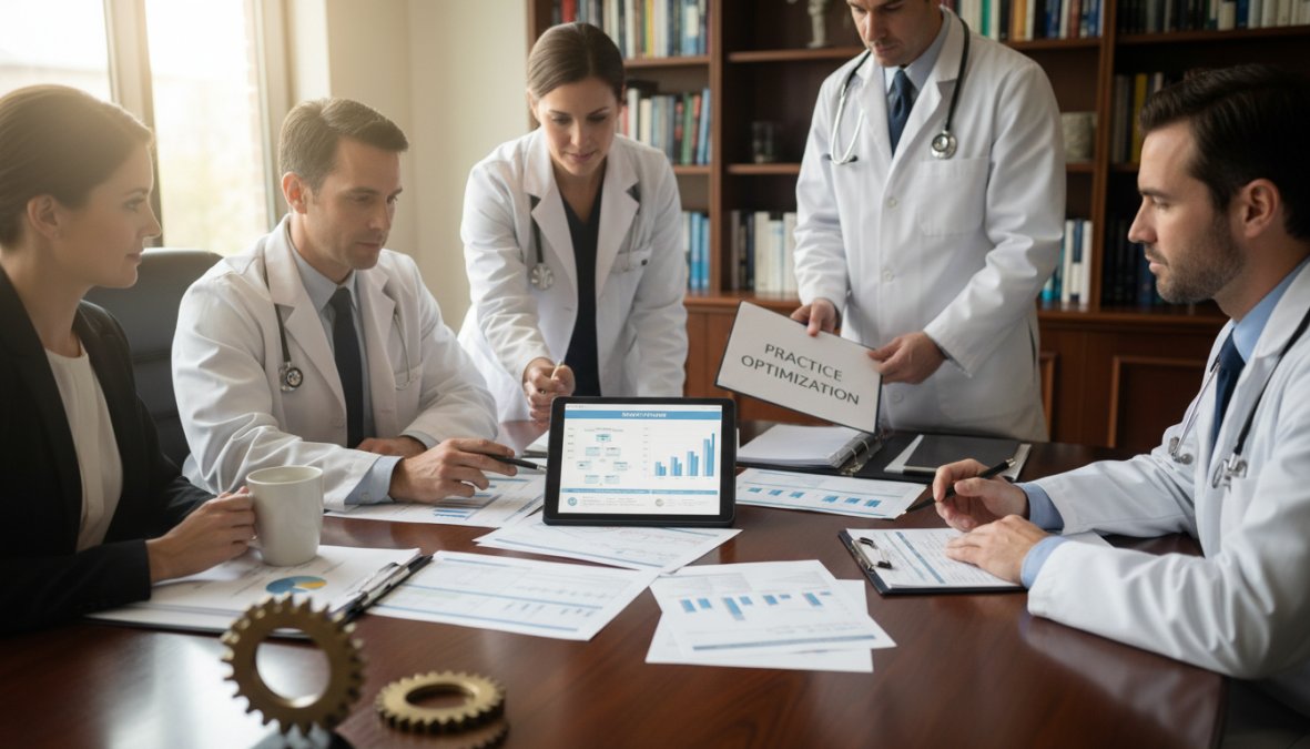 A healthcare team of three professionals gathered around a conference table reviewing workflow documents and a tablet displaying scheduling and billing data, in a well-lit modern medical office with large windows