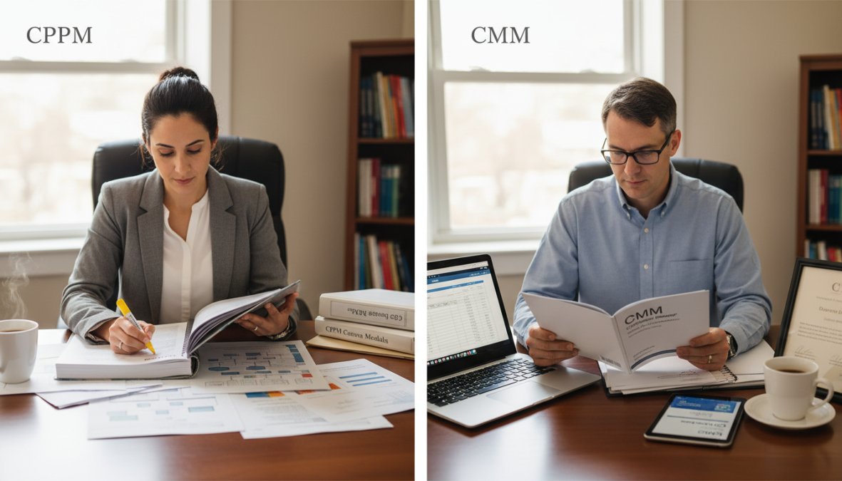 A healthcare administrator sitting at a desk reviewing certification study materials and printed documents, with a laptop open and a cup of coffee nearby in a professional office setting