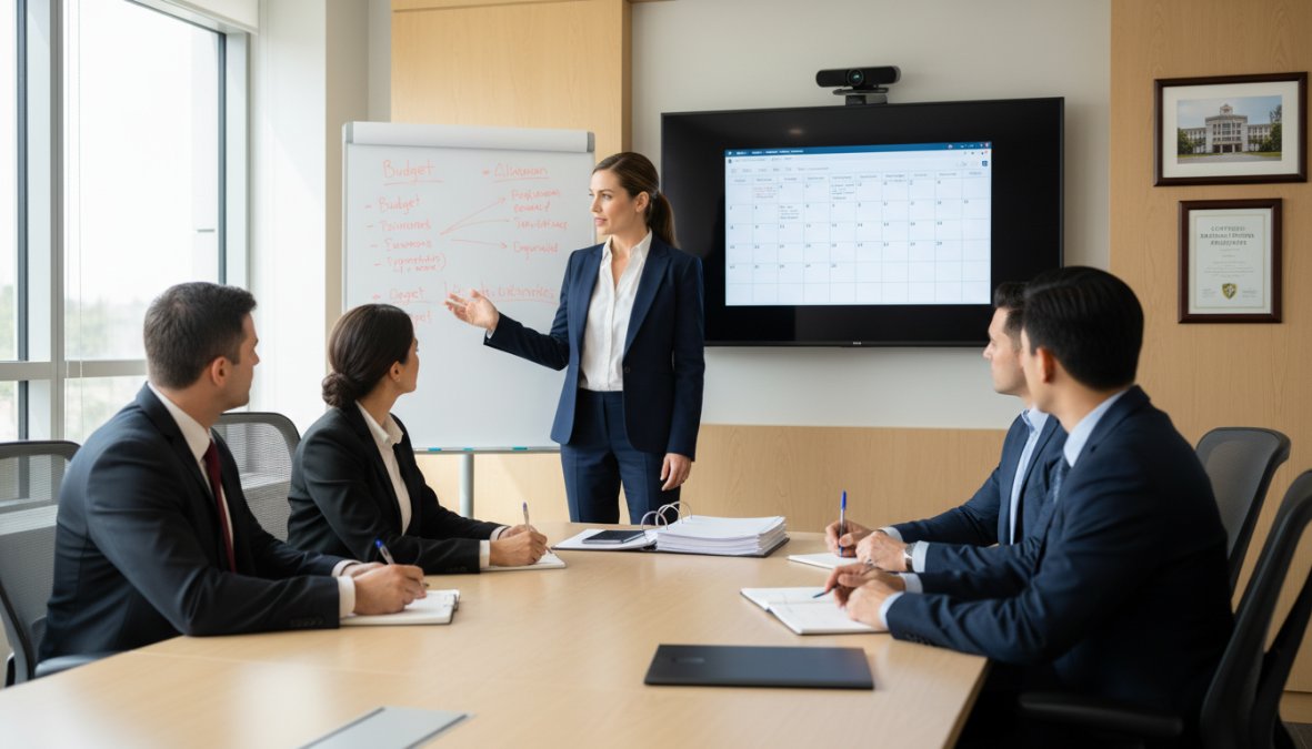 A confident medical practice manager in business attire presenting to a small team in a modern clinic conference room, with a whiteboard and patient scheduling software visible on a screen behind them