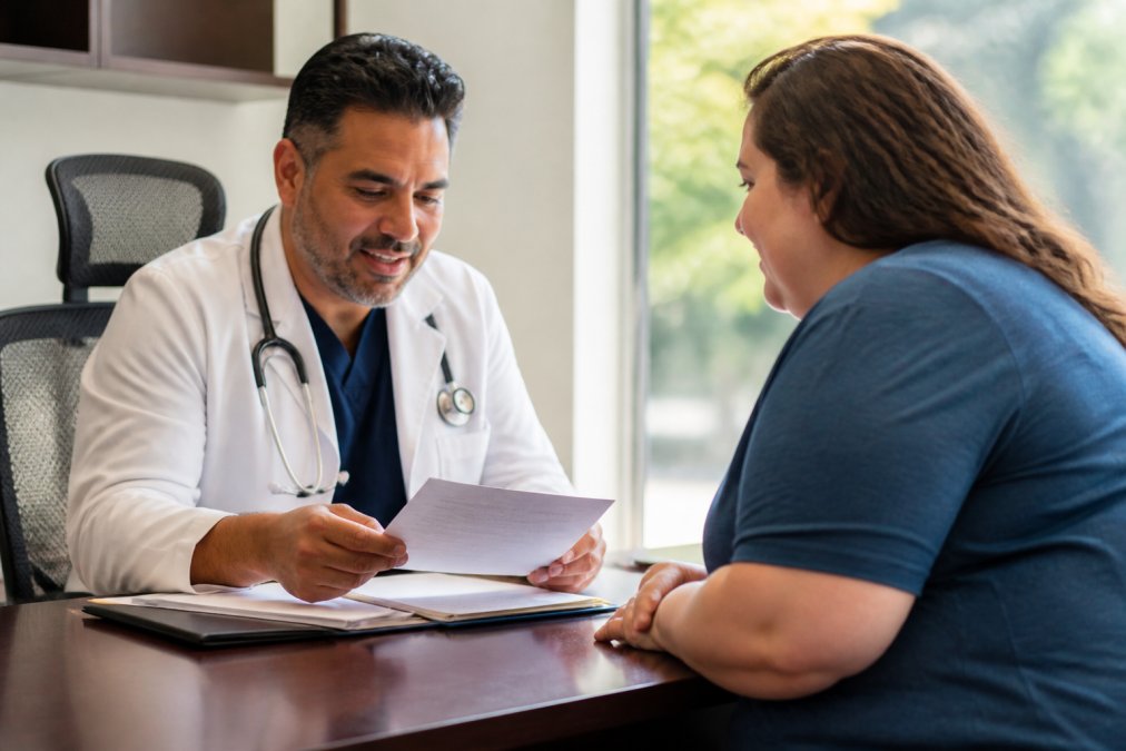 A physician in a white coat reviewing a patient's chart and discussing progress in a bright, modern medical office with natural window lighting