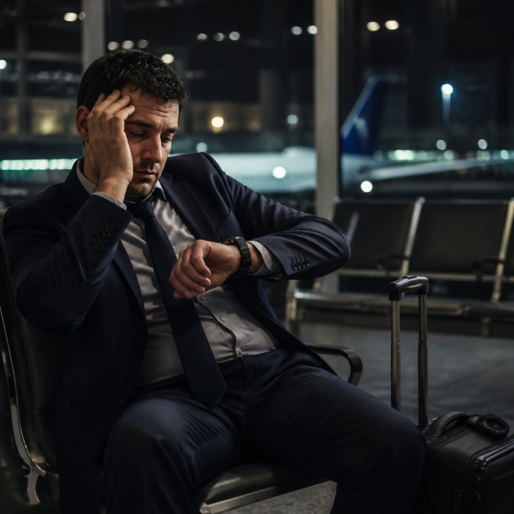 A tired business traveler sitting in an airport terminal at night, looking at a watch, with dim overhead lighting and blurred departure boards in the background