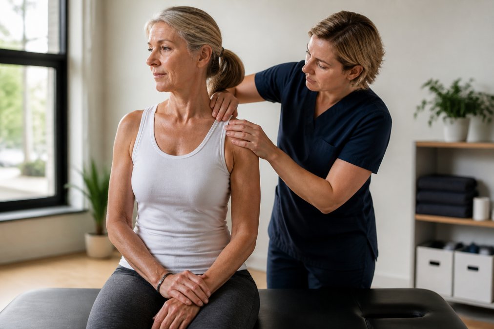 A physiotherapist performing a hands-on assessment of a patient's shoulder and neck in a bright, modern clinic setting