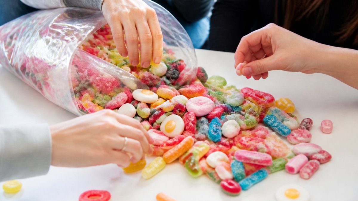 Colourful assorted sweets and gummies spilling from a clear 1kg bag onto a white surface, with hands reaching in to select different varieties, bright natural lighting
