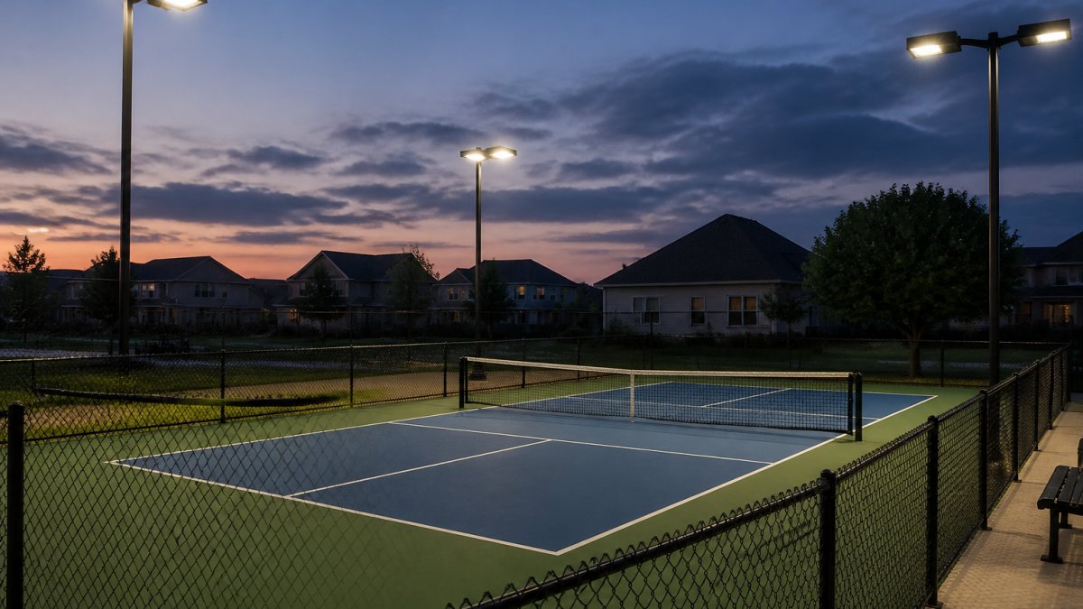 Professional outdoor pickleball court at dusk with LED pole-mounted fixtures illuminating the playing surface, showing fixture height and positioning relative to court boundaries and surrounding residential area